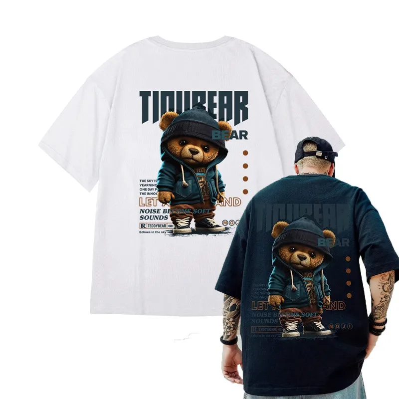 M-8XL Men T-Shirt Oversized Loose Fashion American Vintage Hoodie Bear Print T-Shirt Simple Casual Tops Summer Lovers'clothes