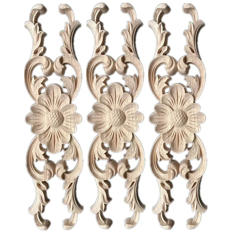 3PCS 24cm Simple Vintage Wood Carved Decal Corner Onlay Applique Frame Furniture Wall Unpainted Home Cabinet Door Decor Craft