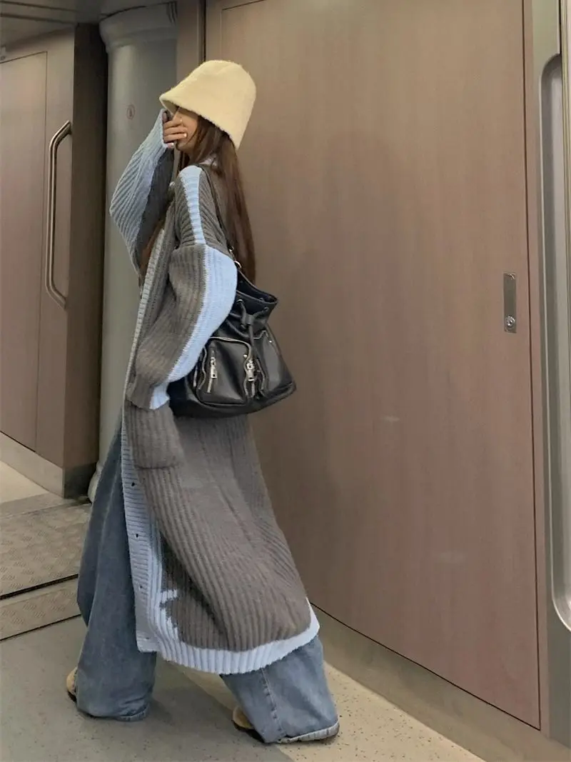 

Gagarich цветной свитер, куртка, женский осенний длинный стиль выше колена, свободный и ленивый стиль, вязаный кардиган, тренд