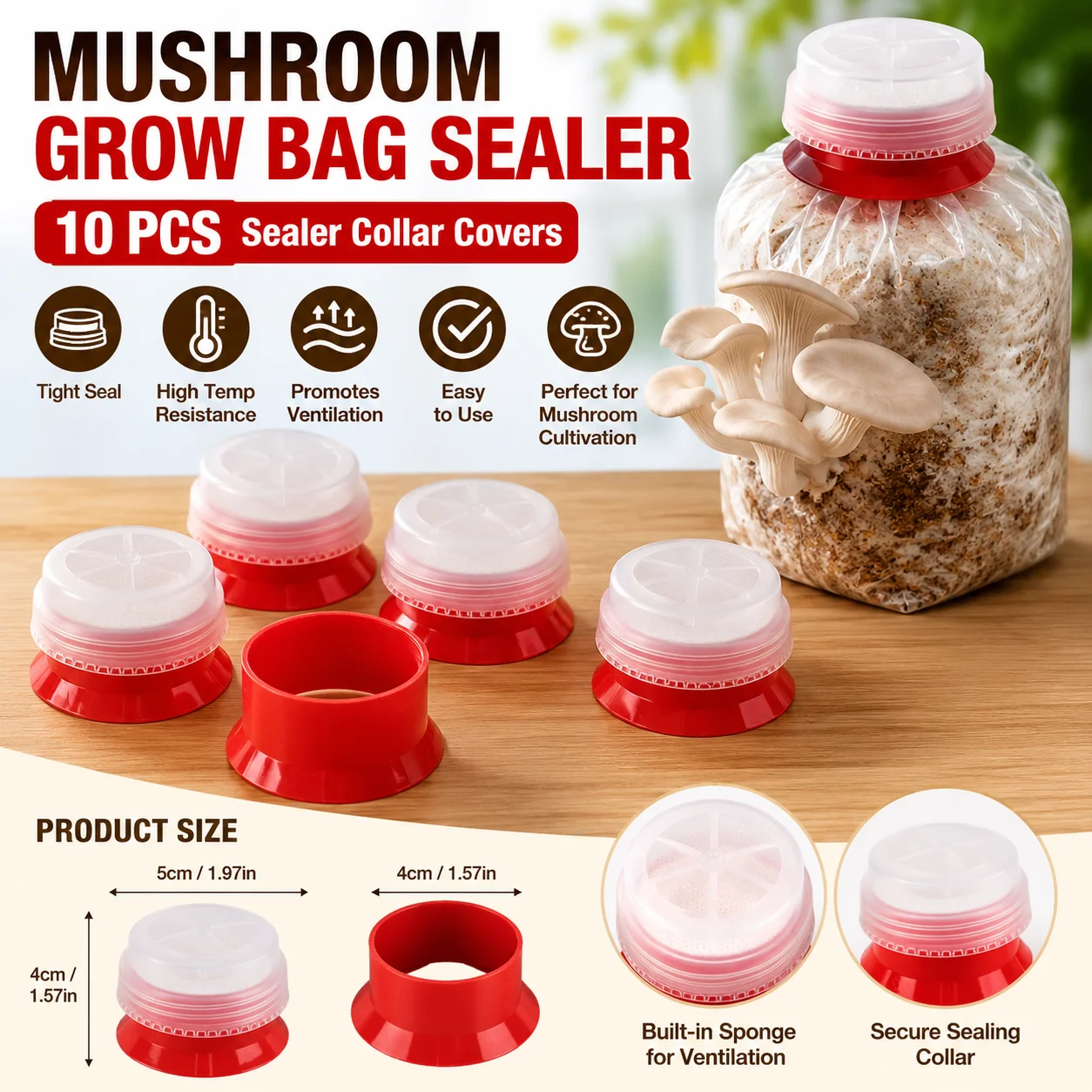 10PCS Mushroom Grow Bag Sealer Collar Cover Ring With Sponge Filter For Edible Fungi Cultivation Plastic Waterproof Garden Tool