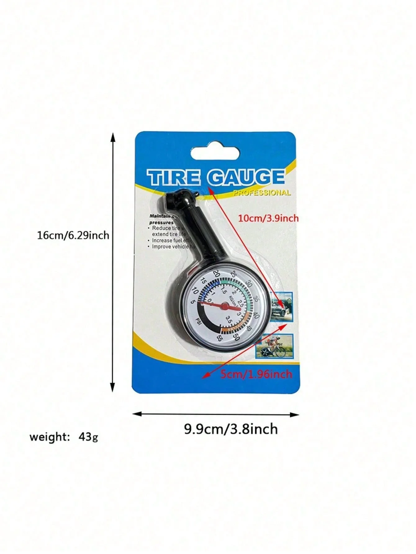 고정밀 기계식 타이어 압력 게이지, 아날로그 다이얼(PSI/KG/cm²), 내장형 릴리스 밸브, 내구성 있는 PET 플라스틱 본체, 컴파