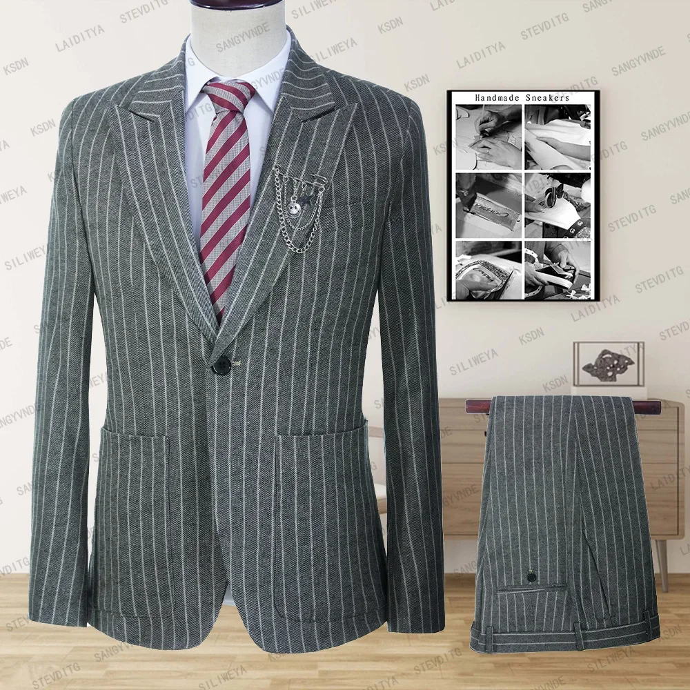 

New Arrival Grey Stripe Linen Suits for Men Chic Peak Lapel Groom Tuxedo Business Slim Fit Wedding 2 Piece Formal Male Suit