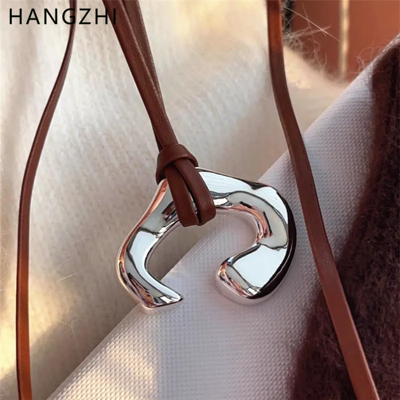 HANGZHI Irregular Metal Pendant Necklace Long Brown Leather Rope Sweater Chain Chunky Y2K Large Vintage Jewelry for Women New