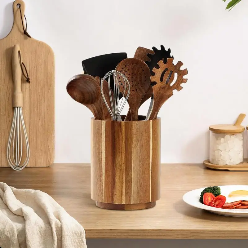 

Rustic Utensil Holder 7.1 Inch Wooden Utensil Holder Large Fork Organizer Cutlery Rack Rotating For Dining Pantry Cabinet Men