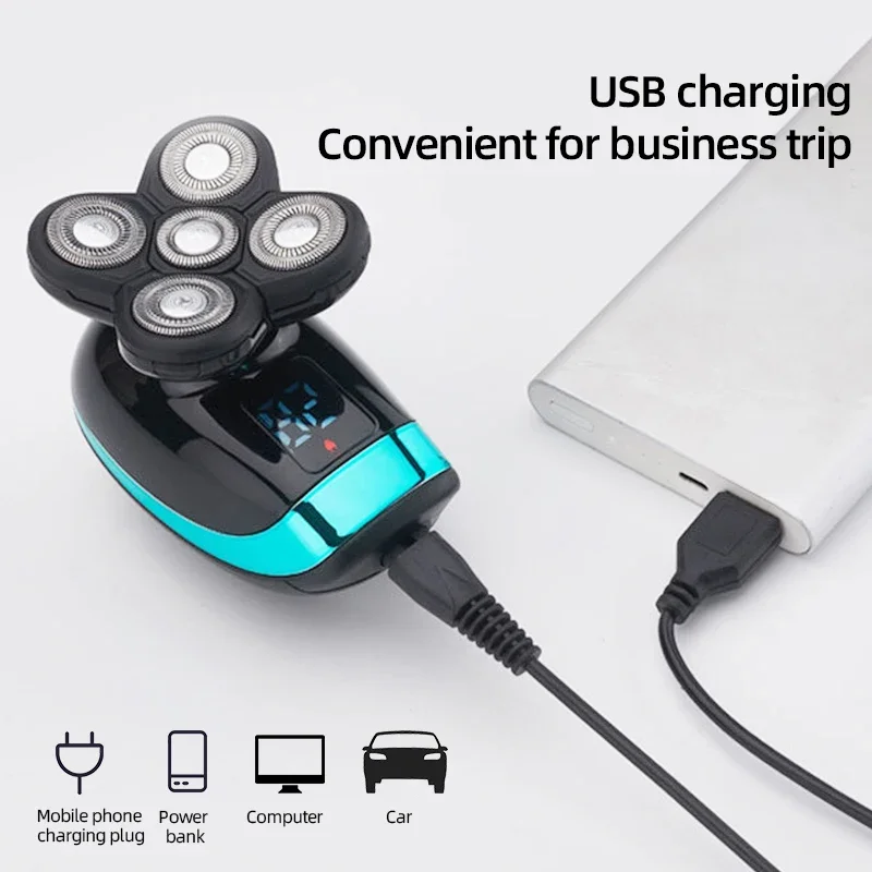 5 In 1 Men's Electric Shaver Bald Head USB Rechargeable 5 Floating Heads Beard Nose Ear Hair Trimmer Razor Clipper Facial Brush