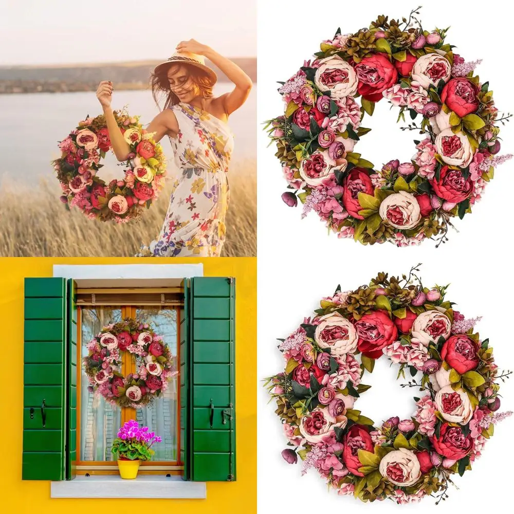 

Vintage 19 Silk Peony Wreath with Green Leaves - Suitable for Outdoor/Indoor, Door, Wedding, Wall, Window Décor
