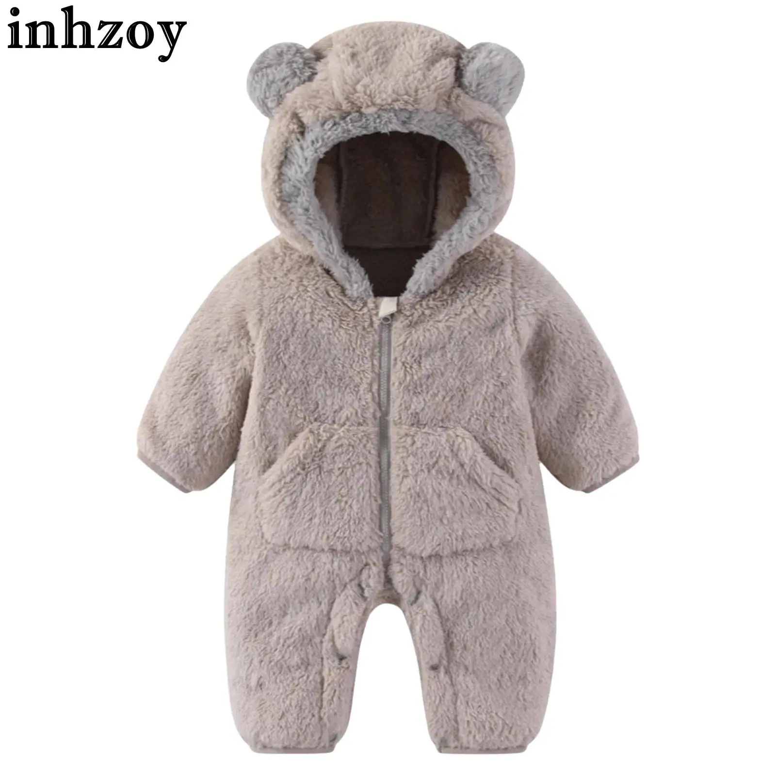 

Зимний зимний комбинезон для новорожденных, комбинезон с капюшоном для маленьких девочек и мальчиков, теплый флисовый комбинезон с длинными рукавами и милым медведем, верхняя одежда, домашняя одежда