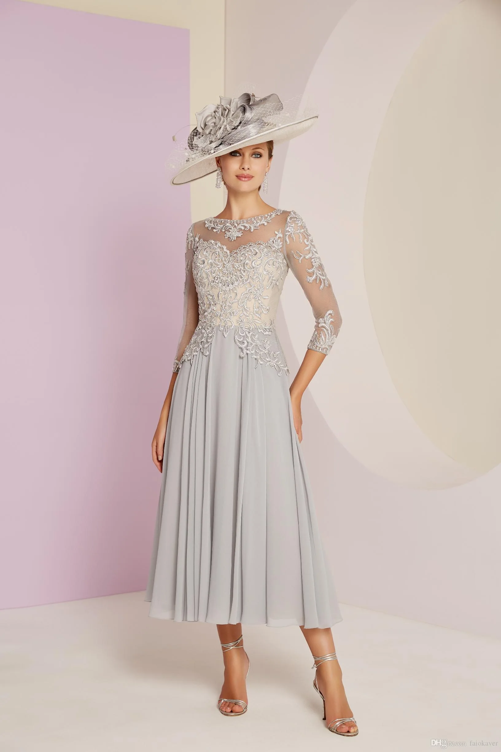 Gray Mother Of The Bride Dresses O Neck A Line Lace Chiffon Tea Length  3/4 Long Sleeves Applique Elegant Mother Gowns 2024 New