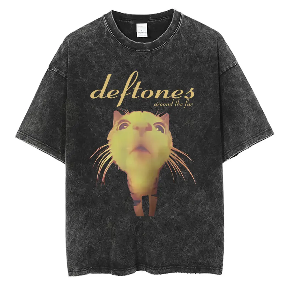 

Washed Vintage Alternative Metal Rock Band Deftones Around The Fur Funny Cat Lovers Meme T-shirt Men Retro Gothic Punk T Shirt