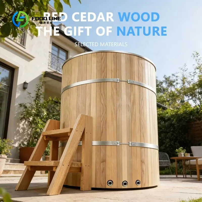 Wooden Ice Bucket with Steel Liner 304ss Bathtub Outdoor Ice Barrel for Clod Plunge Tubs with Ladder and Lid for Fitness Use