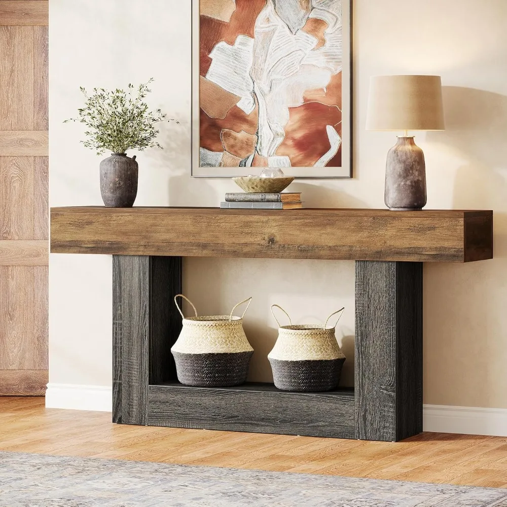 63-Inch Long Console Table, 2-Tier Entryway Table Sofa Table with Storage, Farmhouse Wood Behind Couch Tables for Living Room,