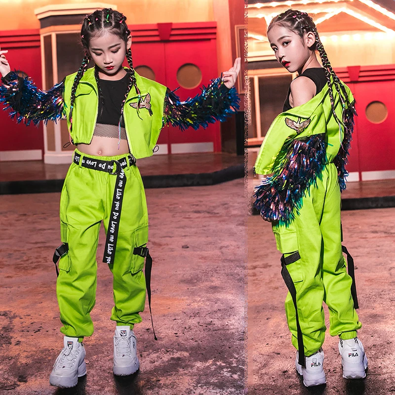 Children Street Dancing Stage Performance Wear Hip Hop Dance Costumes Fluorescent Green Tassel Coat Girls Jazz Clothing