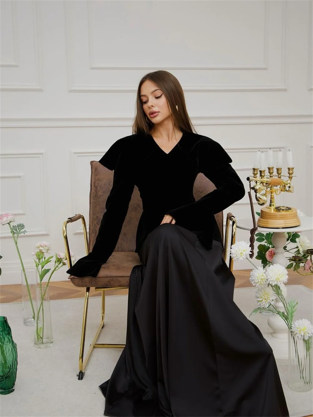 Elegancka suknia wieczorowa typu syrena z dekoltem w serek, długim rękawem, długości do podłogi, klasyczna damska sukienka na przyjęcie, nowa, szyta na miarę suknia balowa 2025
