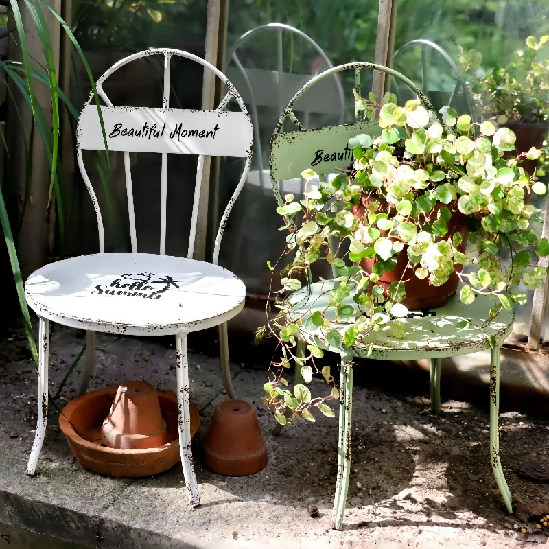 French Garden Mini Chair Retro Desktop Decor for Dollhouse Wrought Iron Plant Stand Rustic Flowerpot Shelf Cottage Display Rack