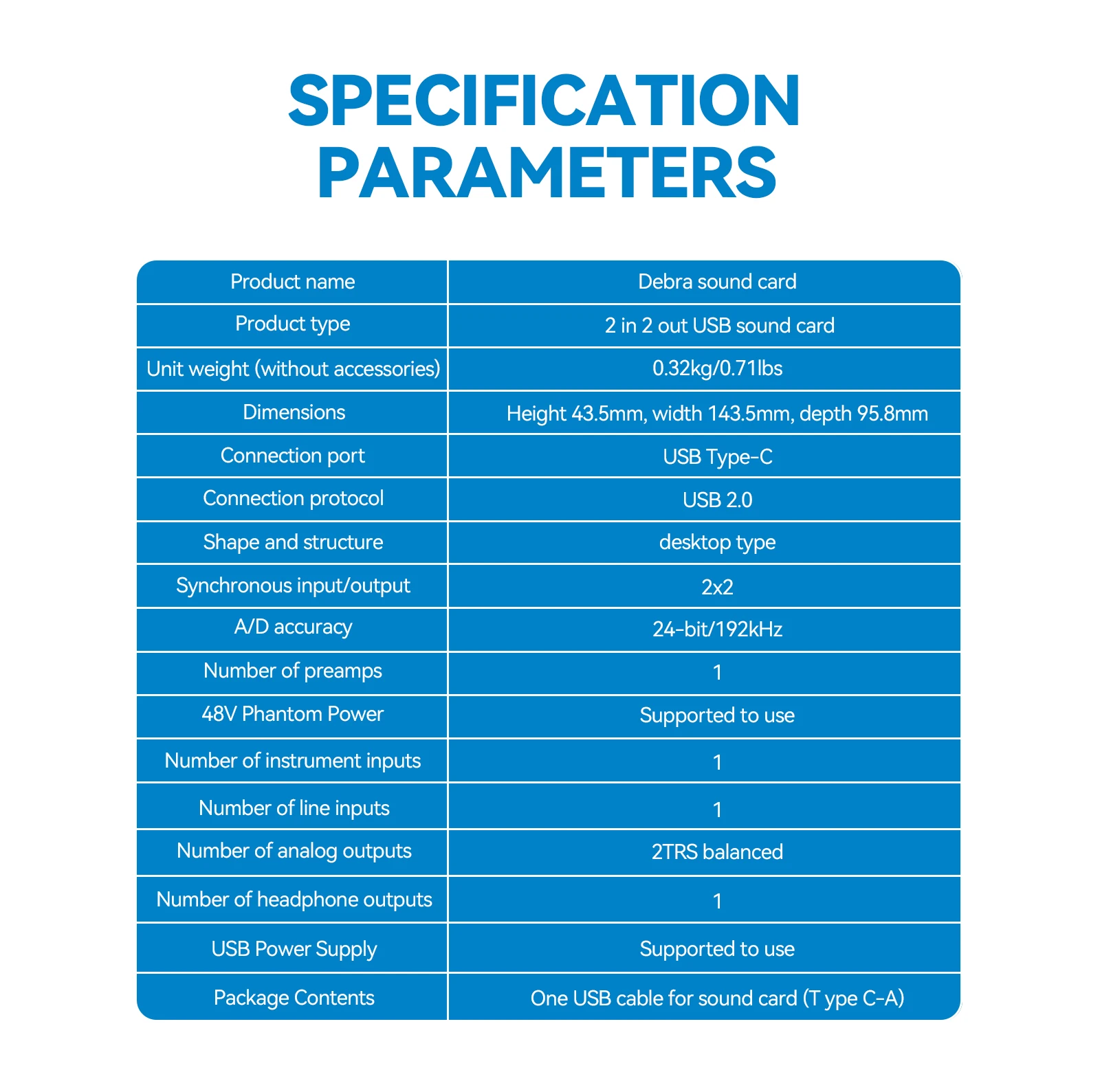 Interfaccia audio USB Debra 2e2s, scheda audio 24 bit/192 kHz con alimentazione phantom 48 V, doppia uscite TRS Connettività di tipo C per studio