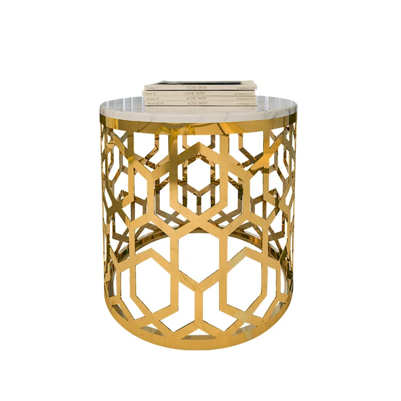 

Nordic Style Light Luxury Stainless Steel Side Table Marble Round Gold Hollow Carved Brushed Coffee Table