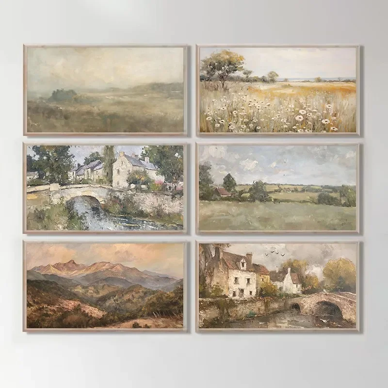 (No frame)French Country Vintage European Villa Farmhouse Flower Meadow Rustic Landscape Poster Canvas Painting Wall Pictures