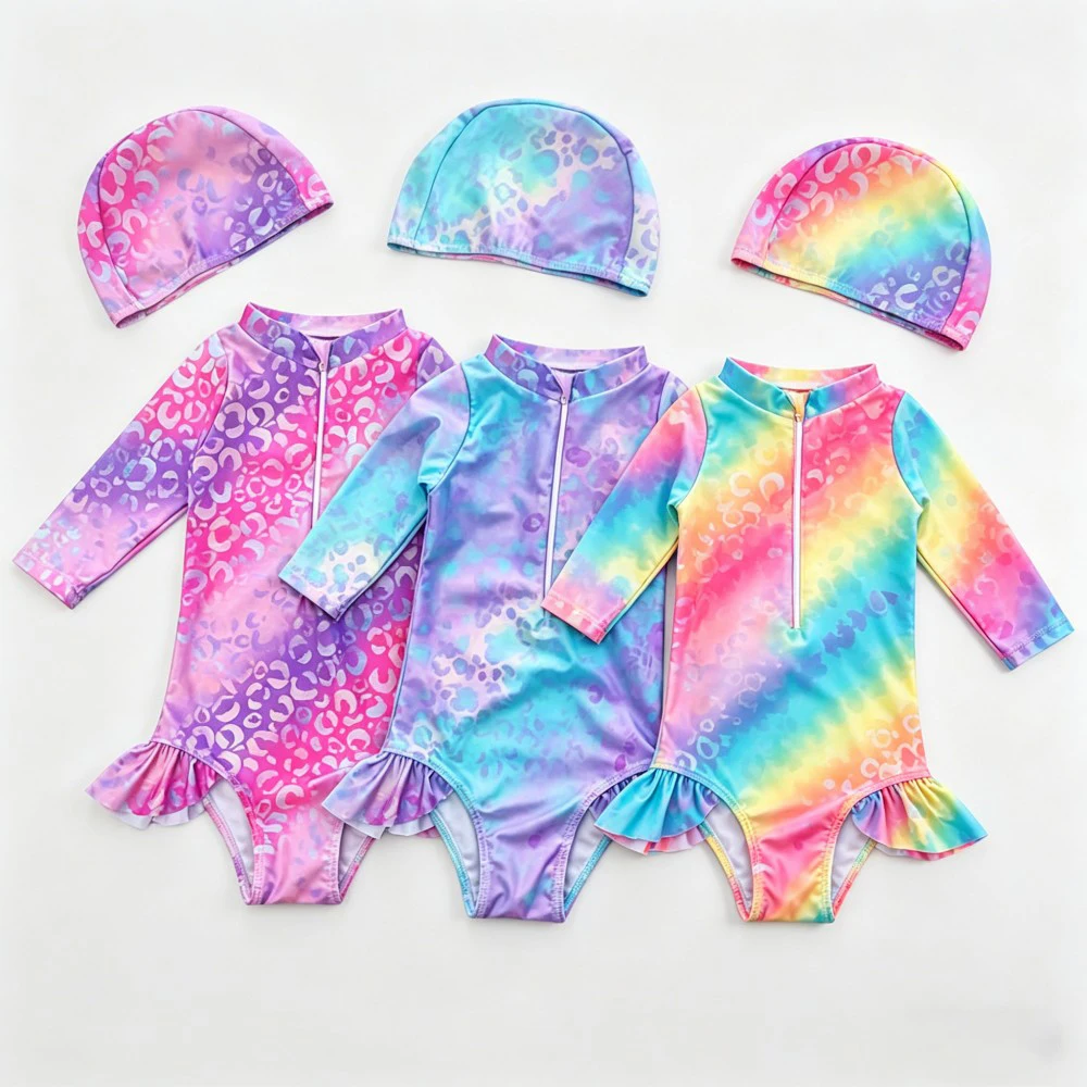 

Toddler Girls Swimwear, Sun Safe Swimsuit, Matching Swim Cap Set Baby Long Sleeve Ruffle Hem Bathing Suit Girl Beach Wear