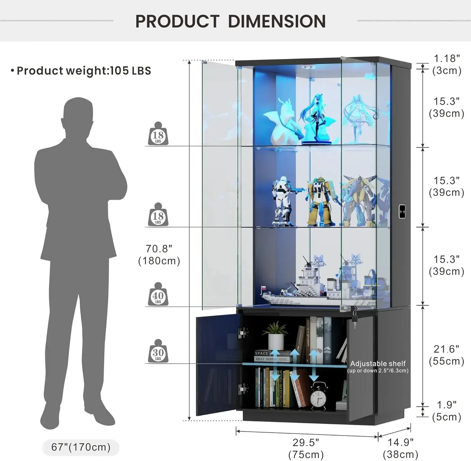 71 Inch Tall Black Curio Cabinet With Glass Doors Locking Shelves Lights Human Body Sensor For Collectibles Living Room