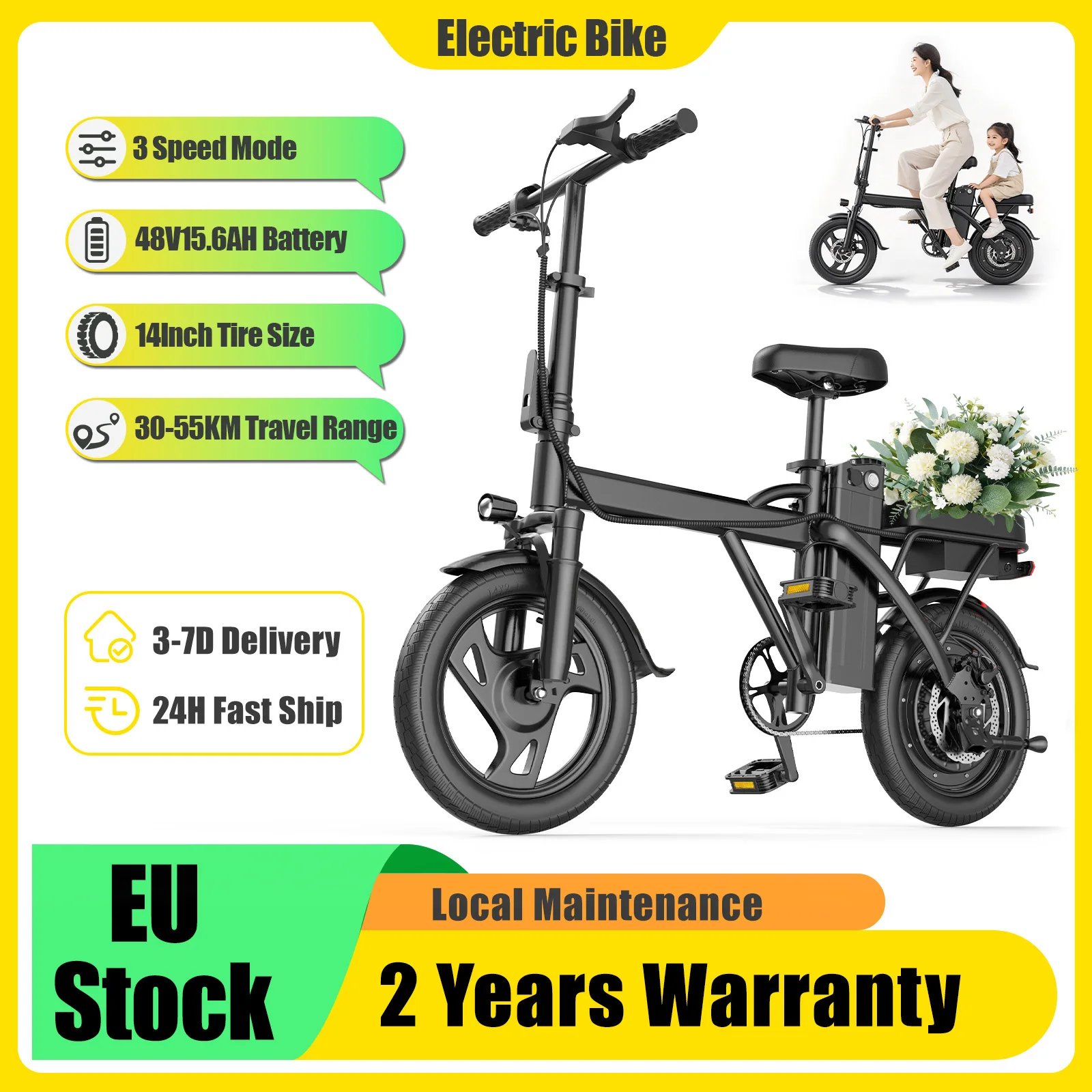 NEU 2026 AOVOPRO 48V15.6AH Elektrofahrrad 30-55KM Ultra-Langstrecken-Offroad-E-Bike für Erwachsene 14-Zoll-Reifengröße 3-Gang-Modus E-Bike