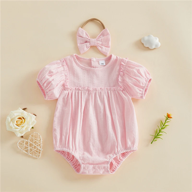 Infant Baby Girl Summer Outfit Puff Short Sleeve Crew Neck Ruffle Trim Decor Jacquard Pattern Romper and Headband Set