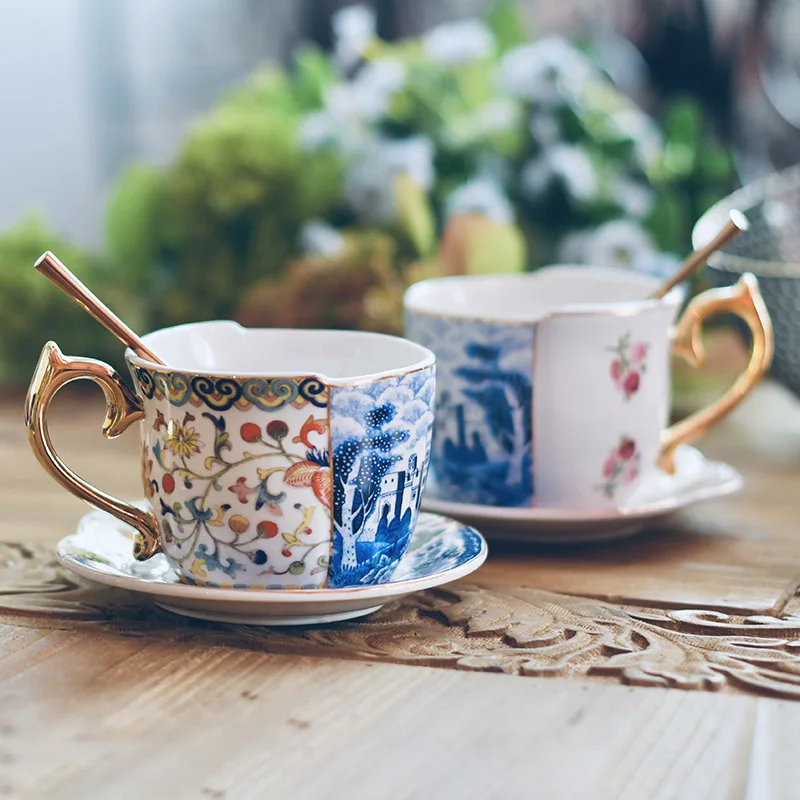 

vintage dougai blue and white coffee cup and saucer set gold plated light luxury cup afternoon camellia tea cup saucer