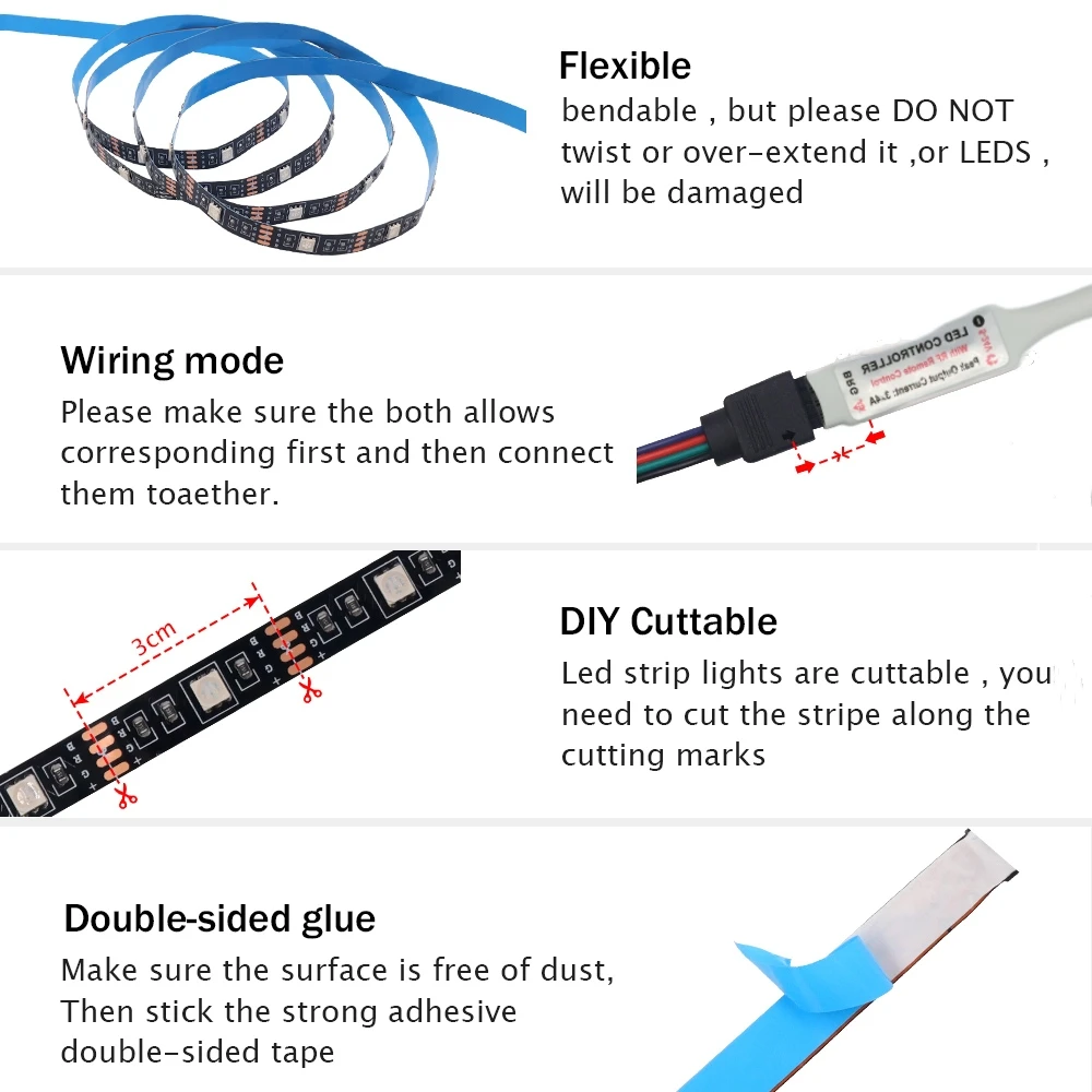 Imagem -05 - Aaa Alimentado por Bateria Rgb Tira Conduzida Smd 5050 50cm 1m 2m 3m 5m Fita Flexível Luz Noturna para Iluminação de Fundo de tv dc 5v