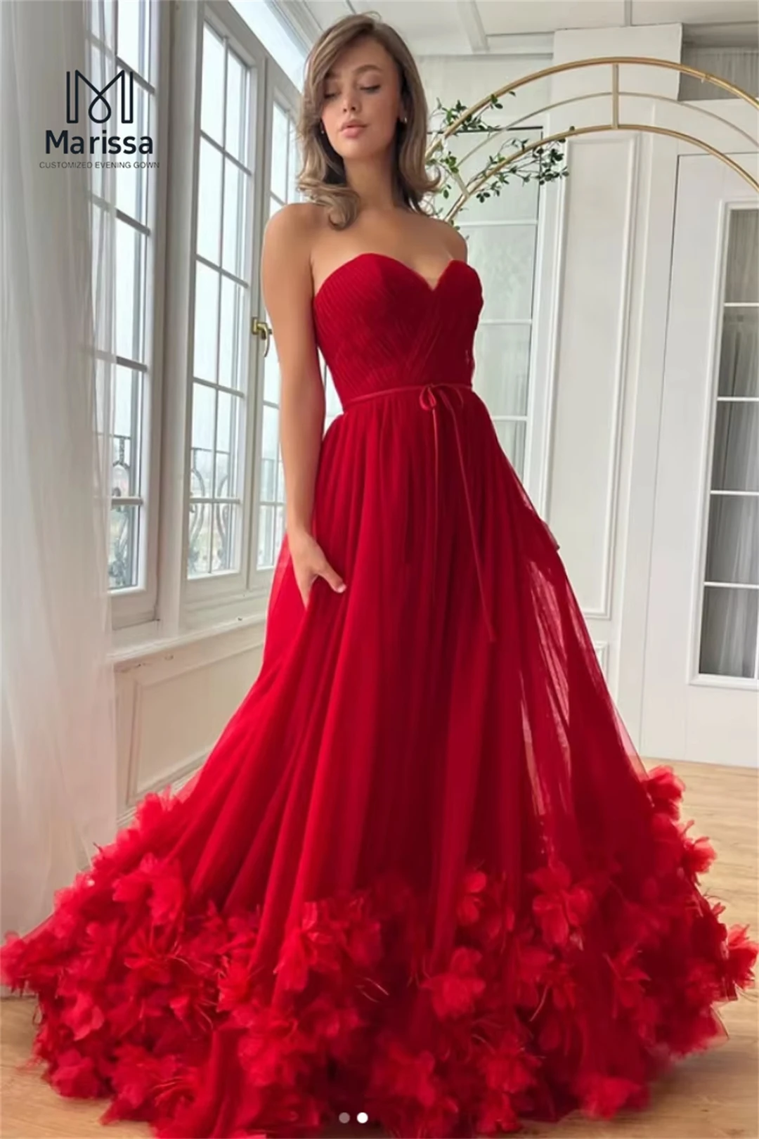 マリッサ A ラインチュールボールガウンイブニングドレス D/パーティー 3D 花レッドカスタムメイドオフショルダー女性のイブニングドレス女性プロム