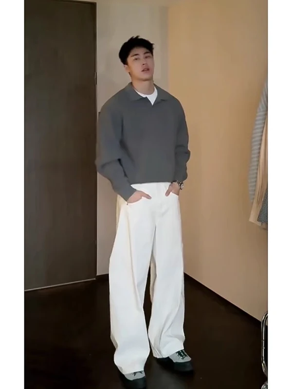 

American Sle White Curved Knife Jeans Men's Spring High Sensation Slim Wide Leg Pants Loose Casual Micro Flared Straight Leg