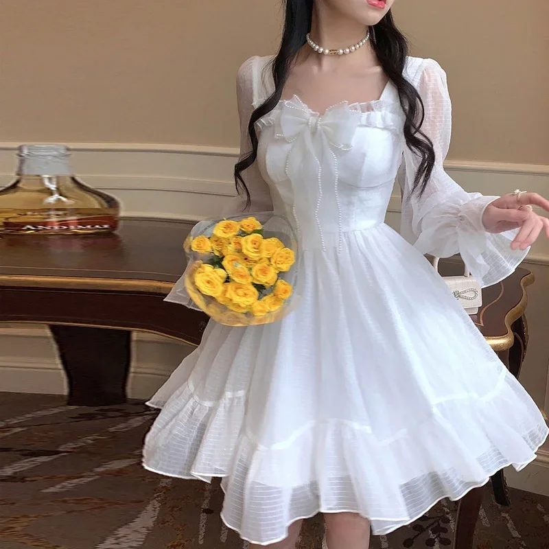 

French Style 2025 Y2k Mini Princess Dress Girl One Piece Lolita Sweet Fairy Cute Bow Chiffon Party Elegant White Dresses rffe3
