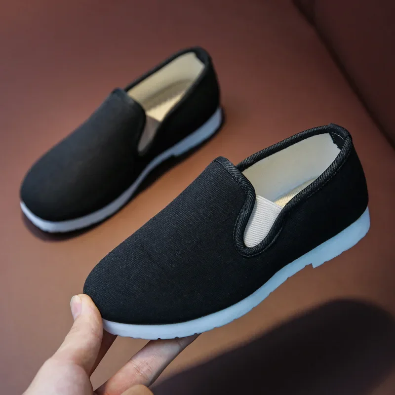 

Boys Cloth Shoes Slip-on Loafers Kids Ethnic National Old Peking Flats for Stage Dancing Performance Ancient Black Hand Woven