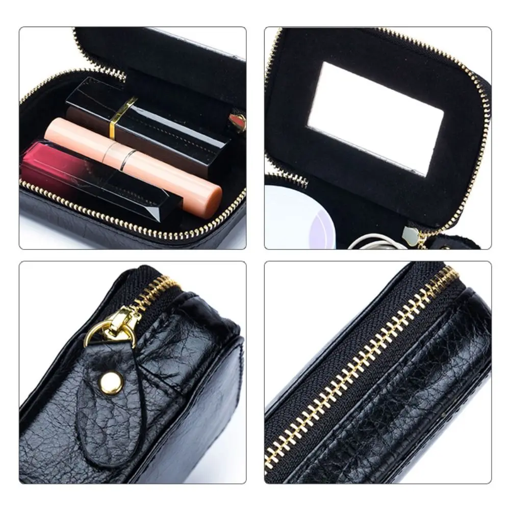 Versatile Genuine Leather Lipstick Case Handheld Mini Size Makeup Bag Portable Coin Purse Jewelry Storage