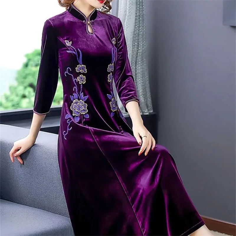 Mrs. Kuo, 300 Pounds Loose Fit, Belly Covering, Warm Gold Velvet Dress, Women's Cheongsam Dress, Improved Version, Female Trendy