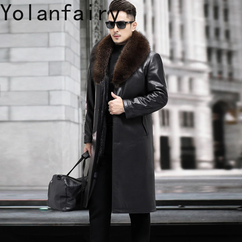 YOLANFAIRY Men's cattlehide Whole mink fur winter fur one-piece long style casual black parka jacket male real fur overcoat 2025