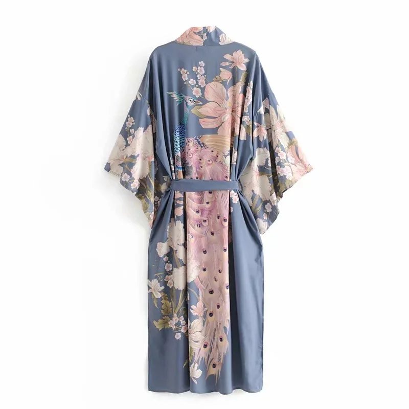 

22 Sles LD6060 Peaco Print Kimono Long Robe Women's Summer New Positioning Open Cardigan Street Sle Loose Fit with Belt