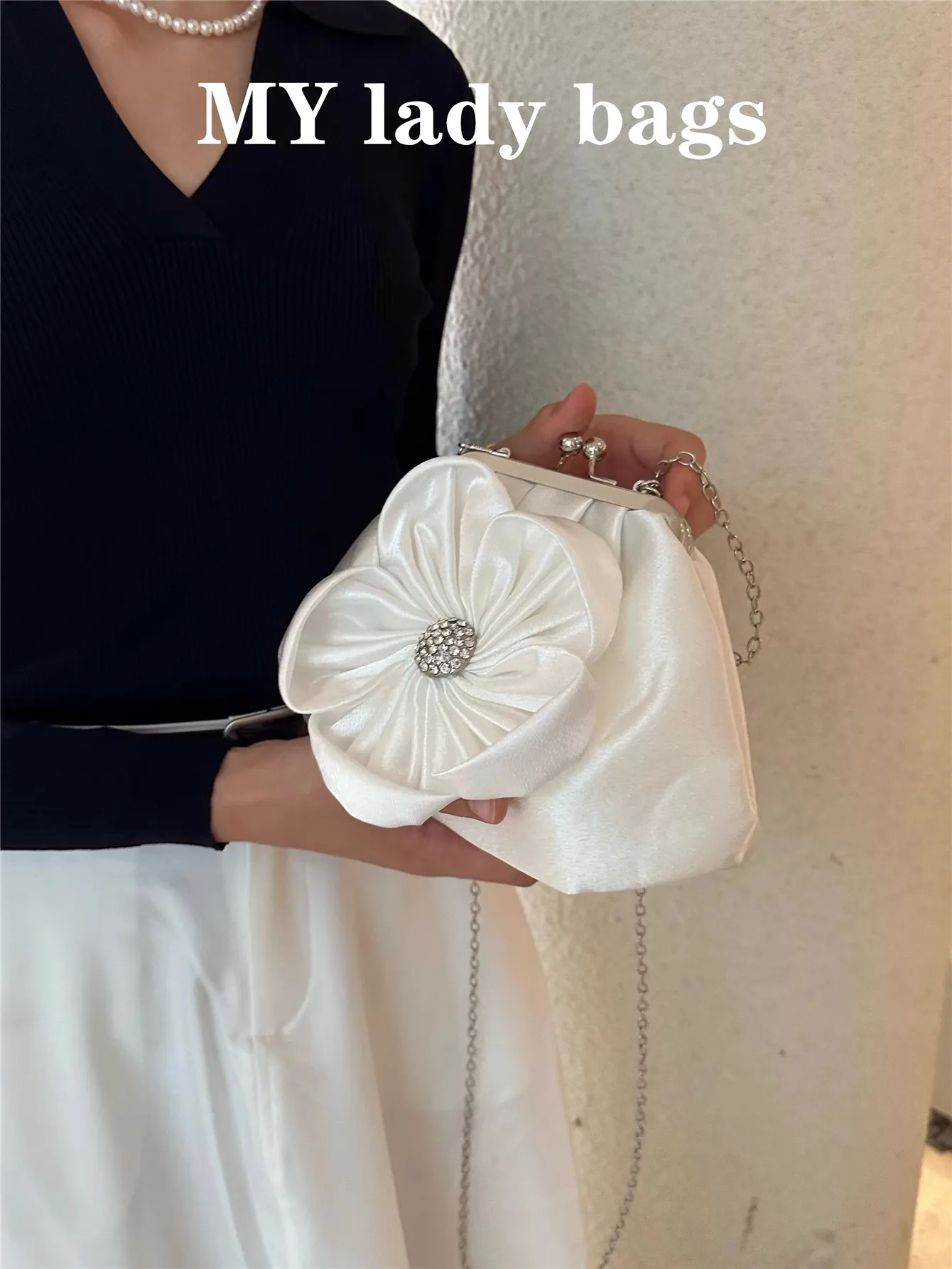

Fashion Appliques Solid Floral Clutch Purse For Wedding Party Luxury Satin Evening Bag Women Handbag Shoulder Crossbody Bag