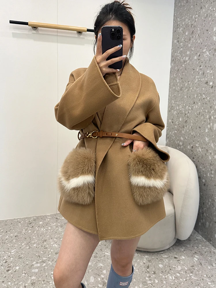 

New Fashion Winter Women's Wool Cloak Cashmere Warm Bat Shirt Jacket Real Natural Fox Fur Pockets Coat Luxury Thick Coat