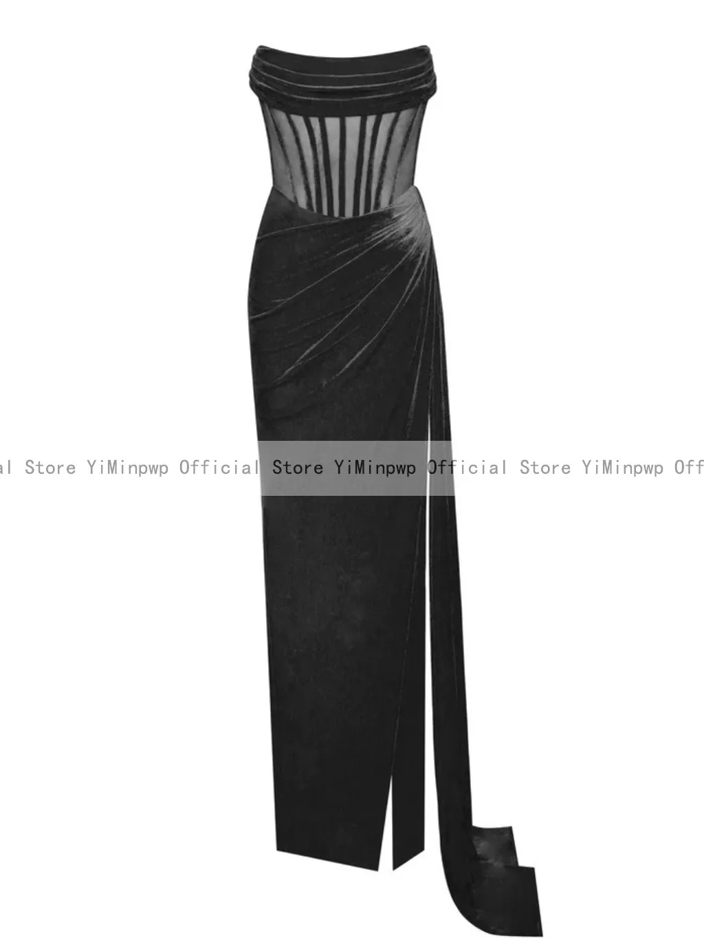 Sexy Black Mermaid Prom Dresses 2023 Strapless Side Split Illusion Girls Formal Occasion Velvet Evening Party Dress