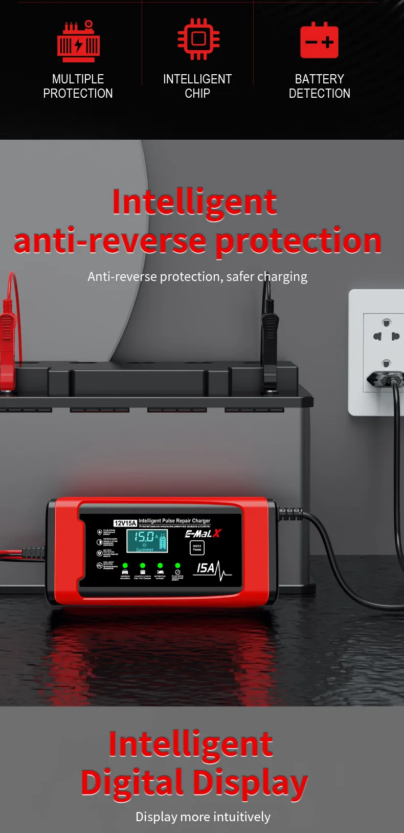 12V 15A Smart Auto Batterie Ladegerät 14,6V 15A Elektrische Motorräder Ladegerät Für Lifepo4 Blei Säure AGM GEL PB Lithium-Batterie Reparatur – Detail 13