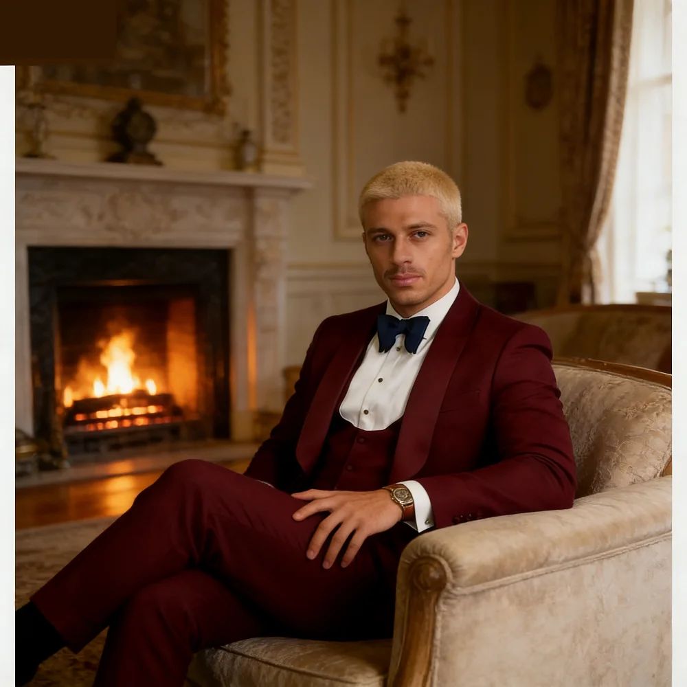 

Men's Wedding Tuxedo Suit Navy Officer Style Smoking Jacket Business Blazer Set with Pants And Waistcoat for Groomsmen