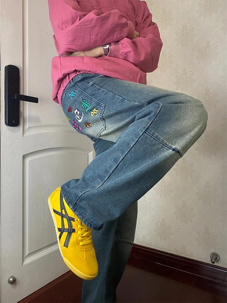 

Мужские джинсы с вышивкой в стиле ретро, американские синие, с завышенной спиной, прямые свободные широкие брюки, молодежные модные хлопковые джинсы