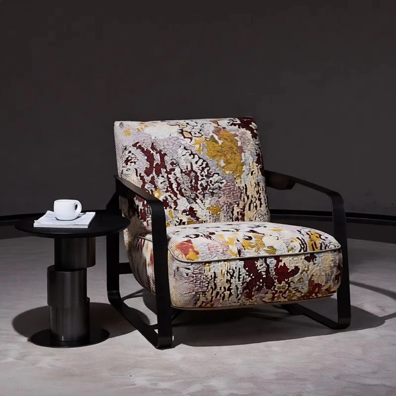 Light luxury printed fabric leisure chair metal armrest single sofa chair