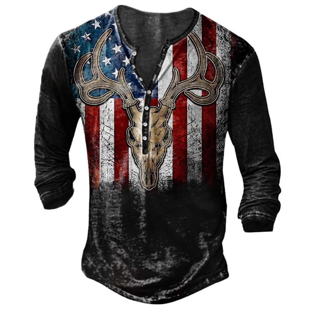 

Vintage American Flag Pattern Men Winter Long Sleeve 7 Button T-Shirt 3d Printed Mens Tops Breathable Casual Plus Size Clothing