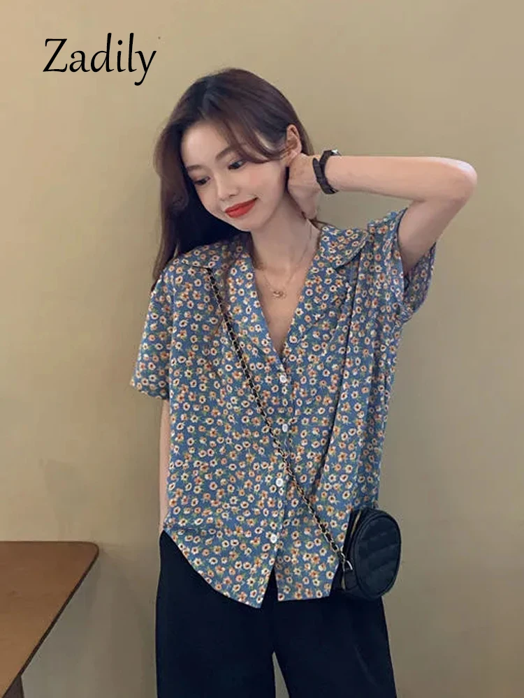 2024 Summer Vintage Floral Printing Button Up Women Shirt Korea Style Notched Neck Short Sleeve Woman Blouse Tunic Female Blouse