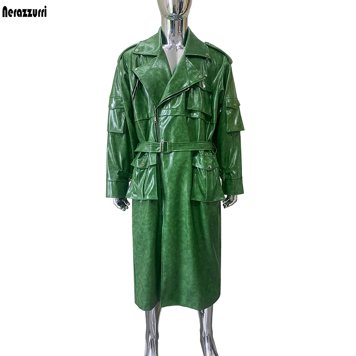 Nerazzurri Spring Autumn Long Green Oversized Pu Leather Coat Men with 3D Pocket Luxury Designer Emo Clothes Menswear Streetwear