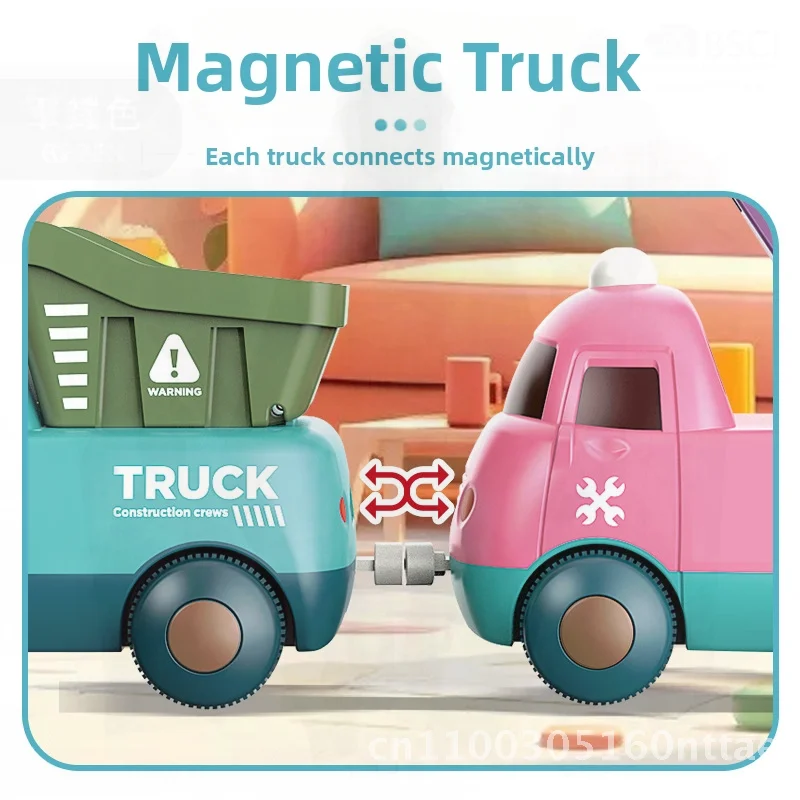 Kids' Macaron Color Train Toy Electric Engineering Rail Car Cartoon Theme with Lighting for Children's Hand-eye Coordination