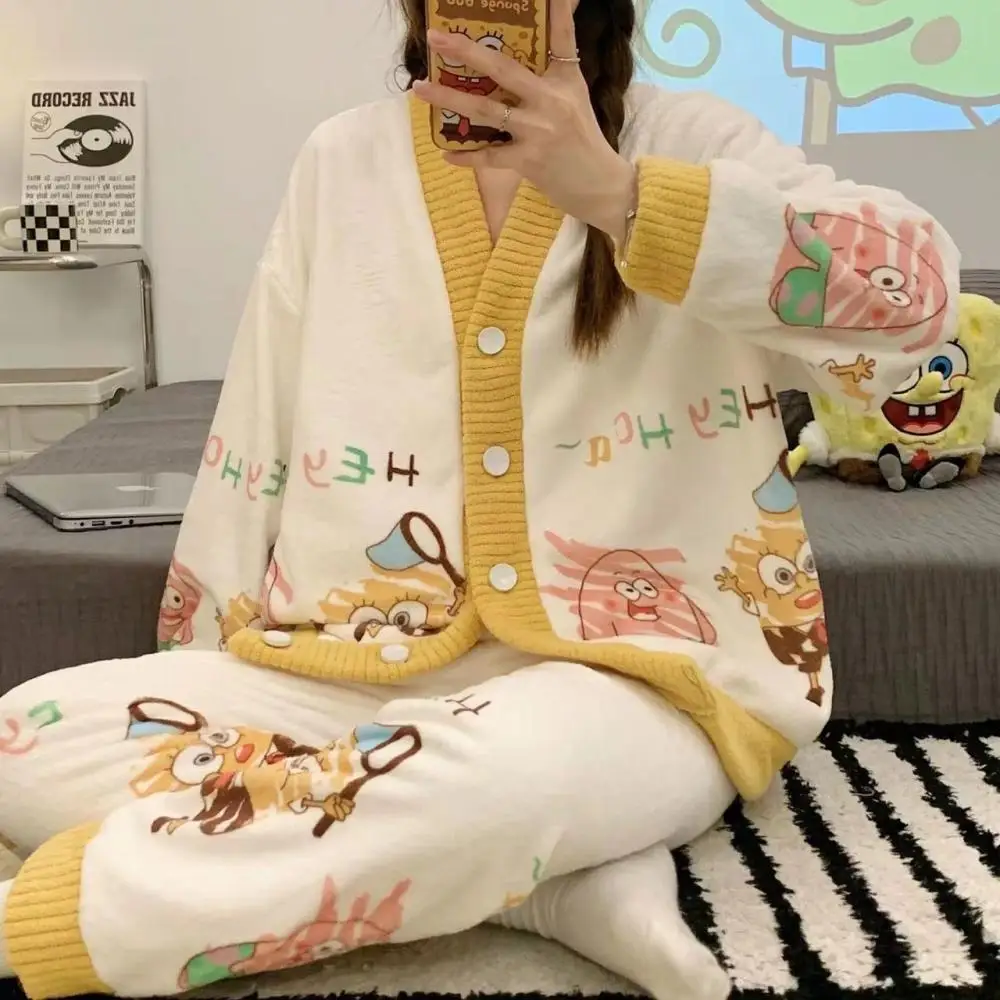 Anime Spongebob Women Cardigan Plush Pajamas Set Kawaii Patrick Star Female Home Clothes Winter Sweet Girls Thicken Nightwear