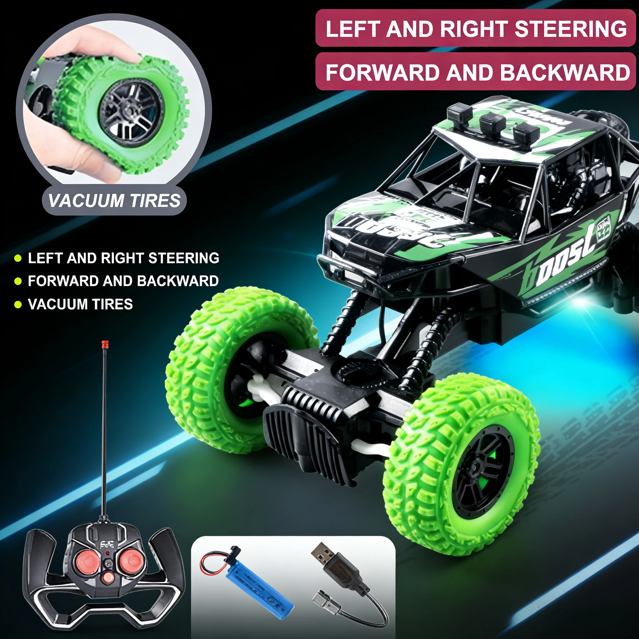 

All-Terrain RC Toy Car with Colorful Flashing Lights | Rubber Wheels, Kids’ Gift