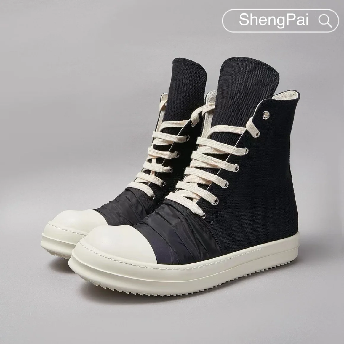 Ricks pano preto enrugado lona sapatos de cano alto owens sapatos masculinos de luxo design com zíper tênis e botas femininas