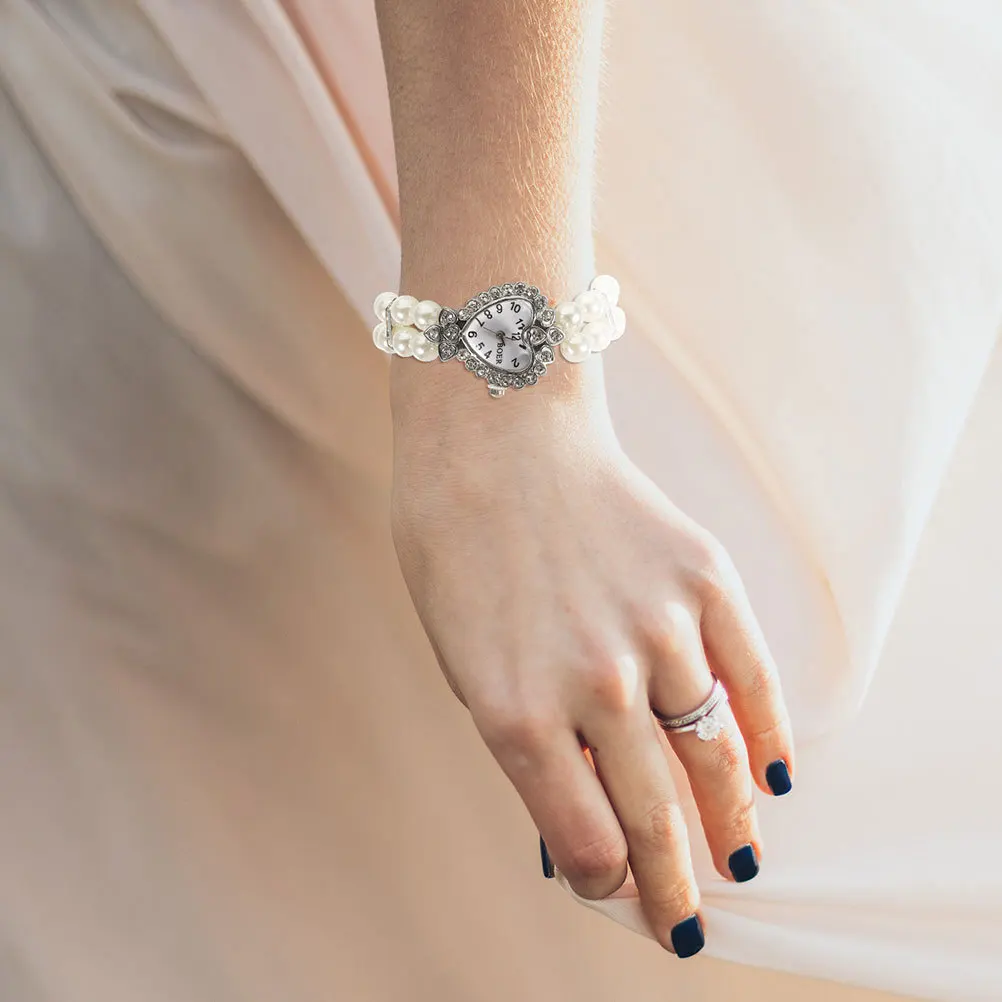 2 قطعة ساعة أنيقة على شكل قلب كريستال لؤلؤة سوار ساعة نسائية للحفلات الراقصة والمناسبات الخاصة للنساء ساعة حجر الراين